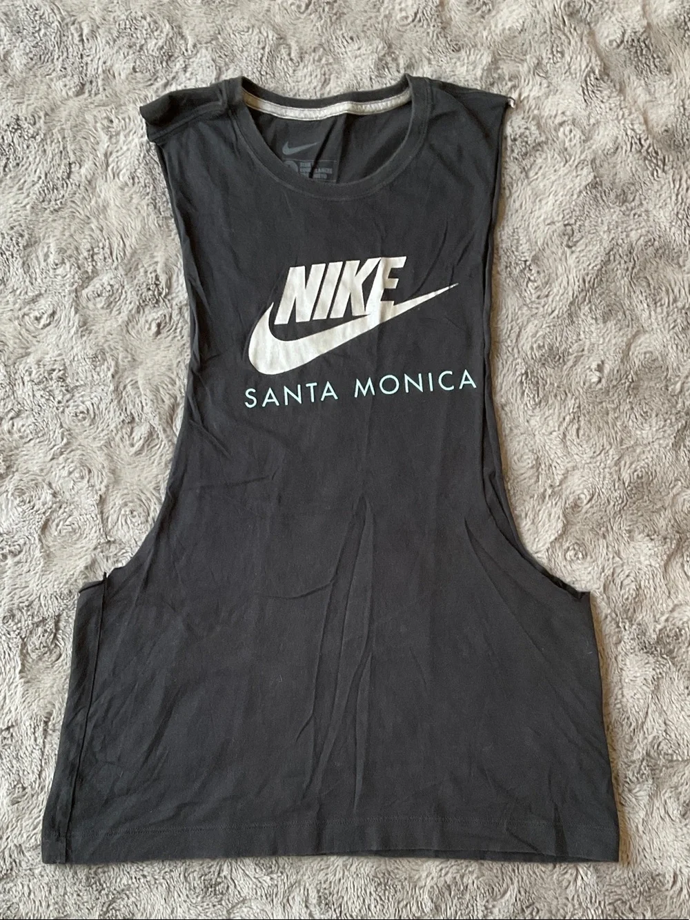 Nike Black Muscle Tank with White Logo and 'Santa Monica' Text